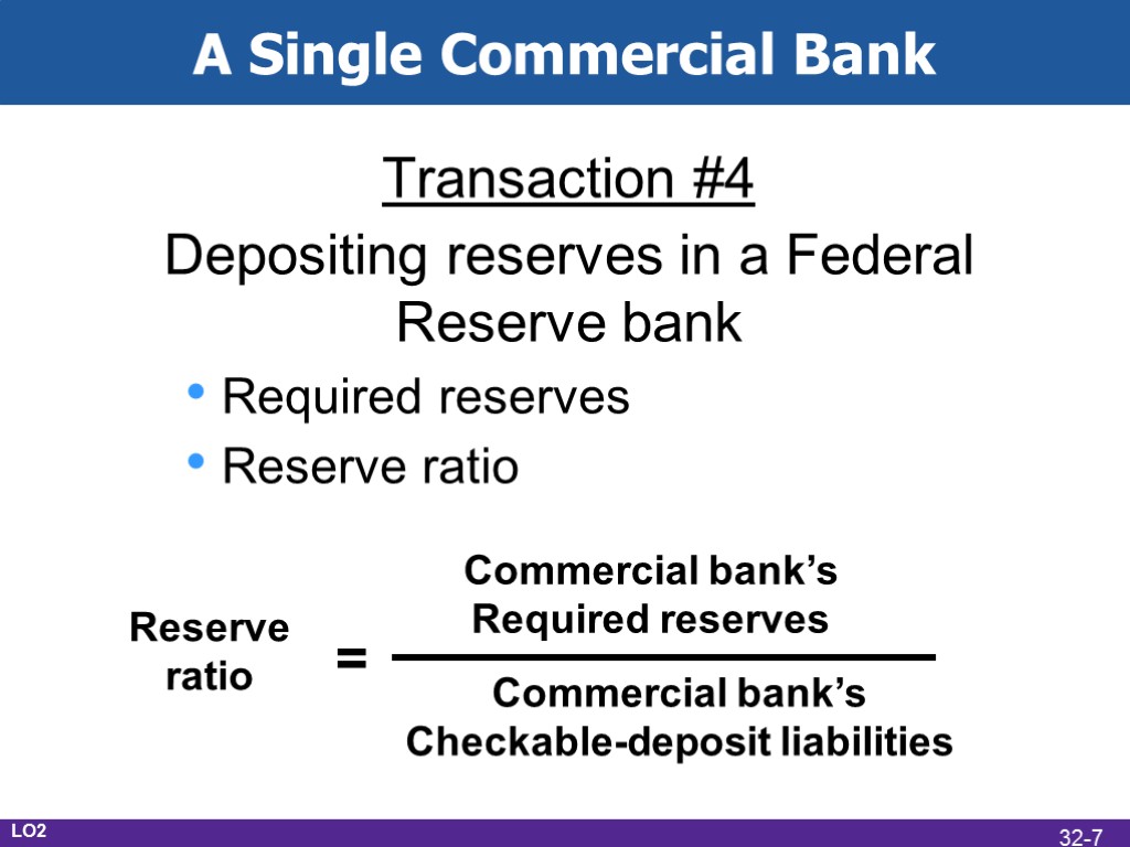 A Single Commercial Bank Transaction #4 Depositing reserves in a Federal Reserve bank Required